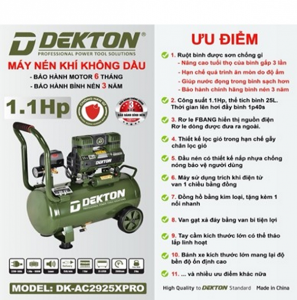 Máy nén khí dekton không dầu dk-ac2925xpro